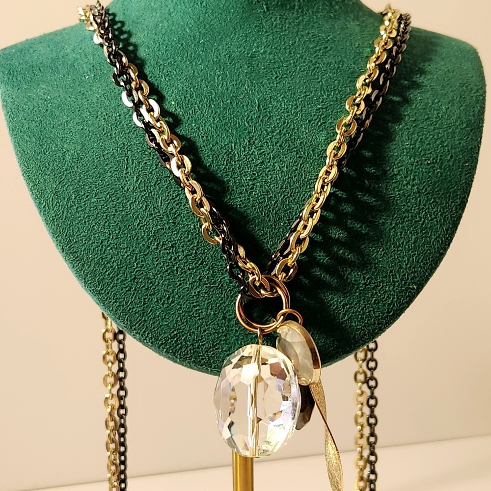 Long Mixed Metal Layered Necklace Gold Black Chain Crystal Leaf Charms